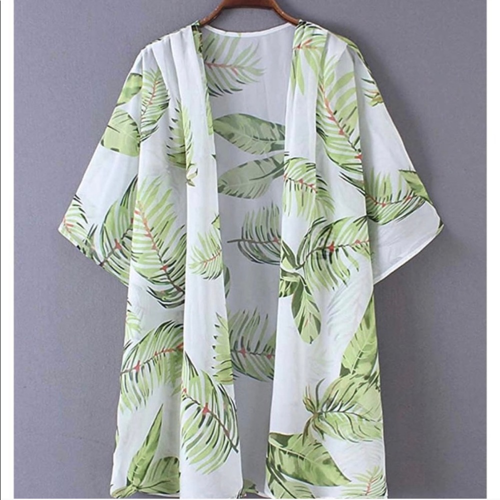 Boho Tropical Palm Leaf Kimono Cardigan XXL NEW Sheer Beach Cover Up Duster